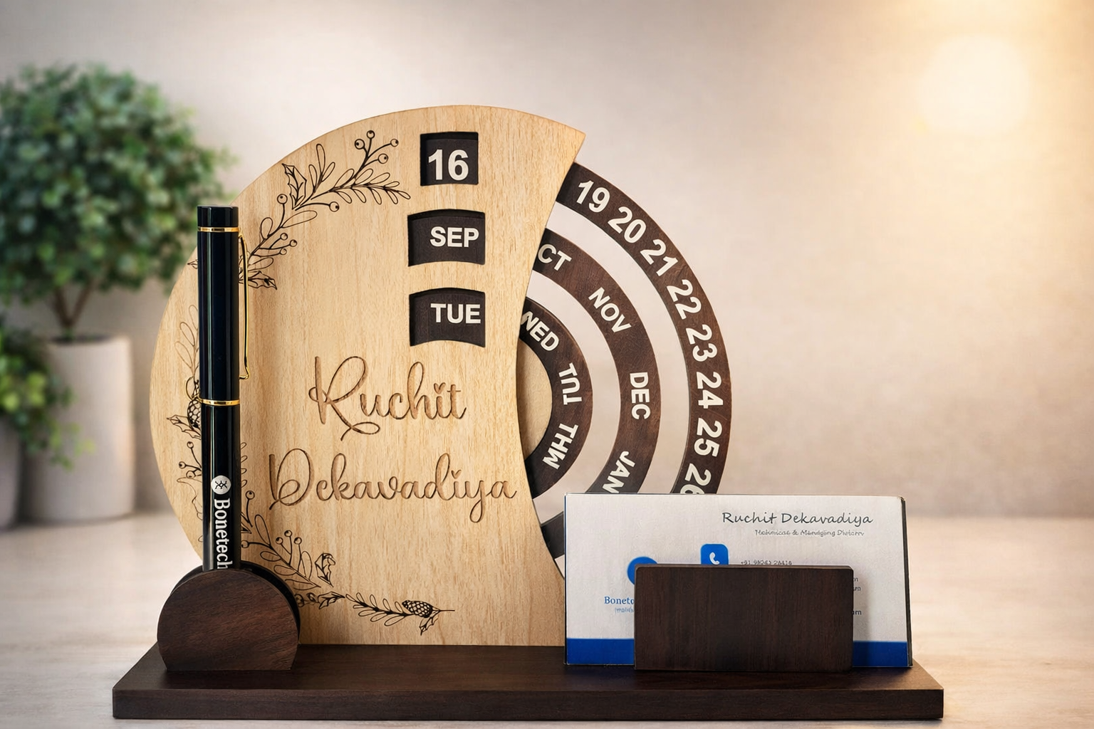 Personalized MDF Perpetual Desk Calendar with Primiyam metal pen with Name | Custom MDF Tabletop Gift