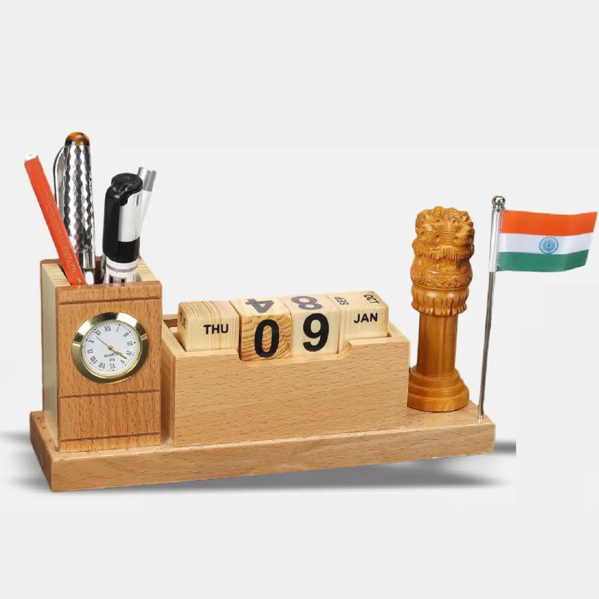 Wooden Pen stant with clock and Ashokstambh with calendar
